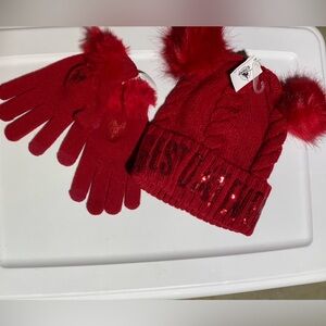 Disney Red Mickey Mouse Pom Pom “Best  Day Ever Hat” & Castle Gloves